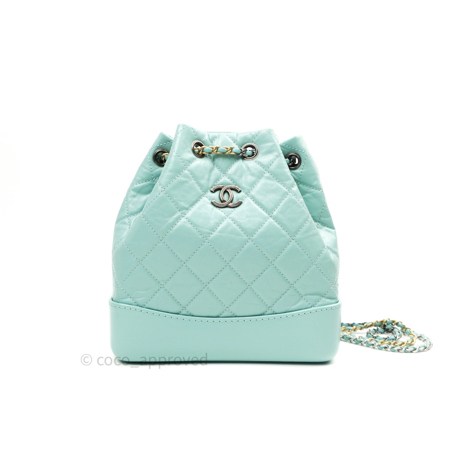 Chanel Gabrielle Backpack Black Aged Calfskin Small Tiffany Blue