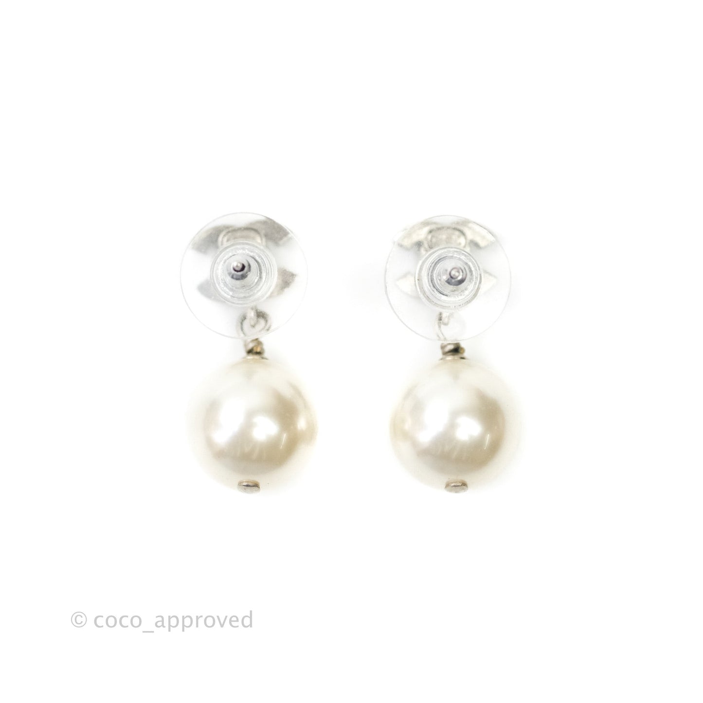 Chanel CC Rhinestone Pearl Drop Earrings Silver Tone