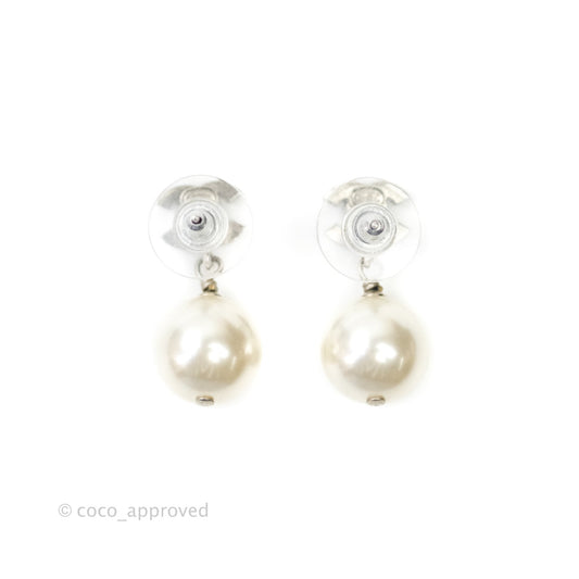 Chanel CC Rhinestone Pearl Drop Earrings Silver Tone