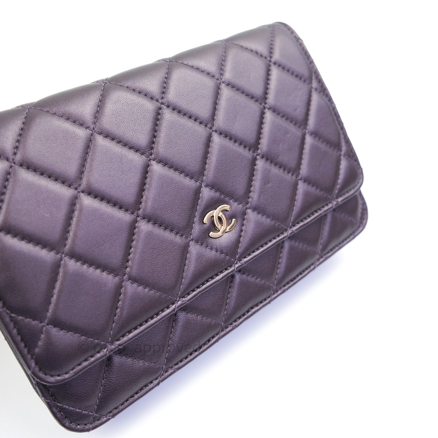 Chanel Quilted Wallet on Chain WOC Metallic Purple Light Gold Hardware