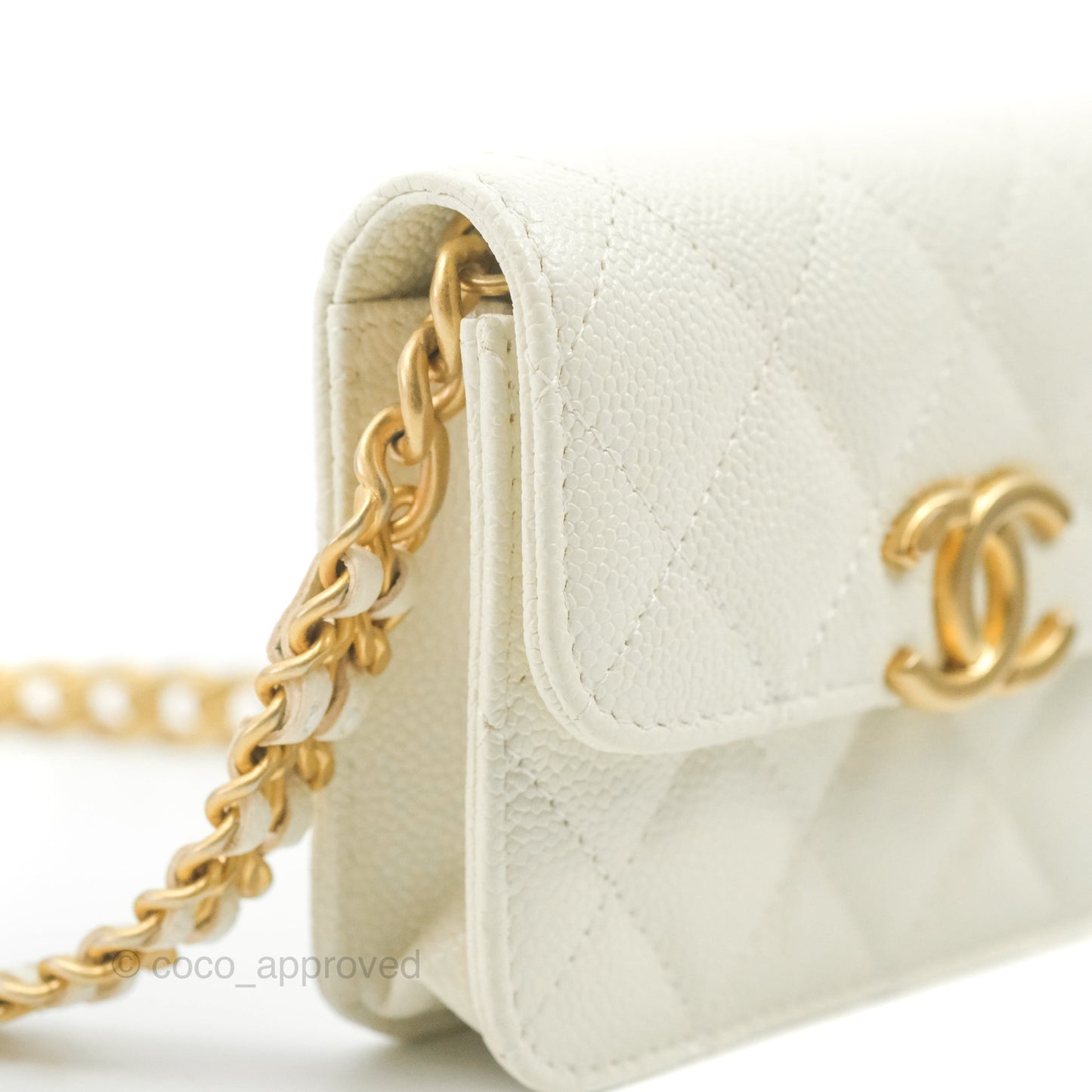 Chanel Mini Clutch With Chain White Caviar Aged Gold Hardware