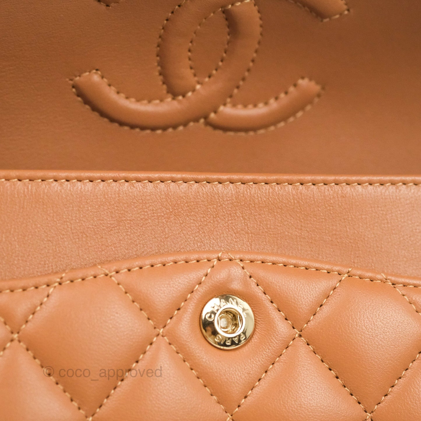 Chanel Small Classic Quilted Flap Dark Beige Caramel Lambskin Gold Hardware