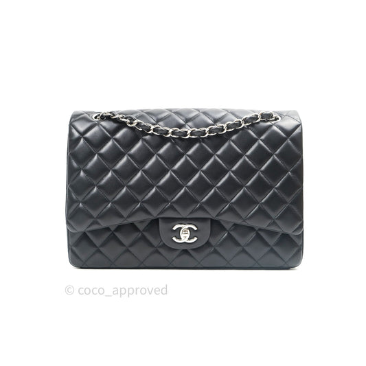 Chanel Classic Maxi Single Flap Quilted Black Lambskin Silver Hardware