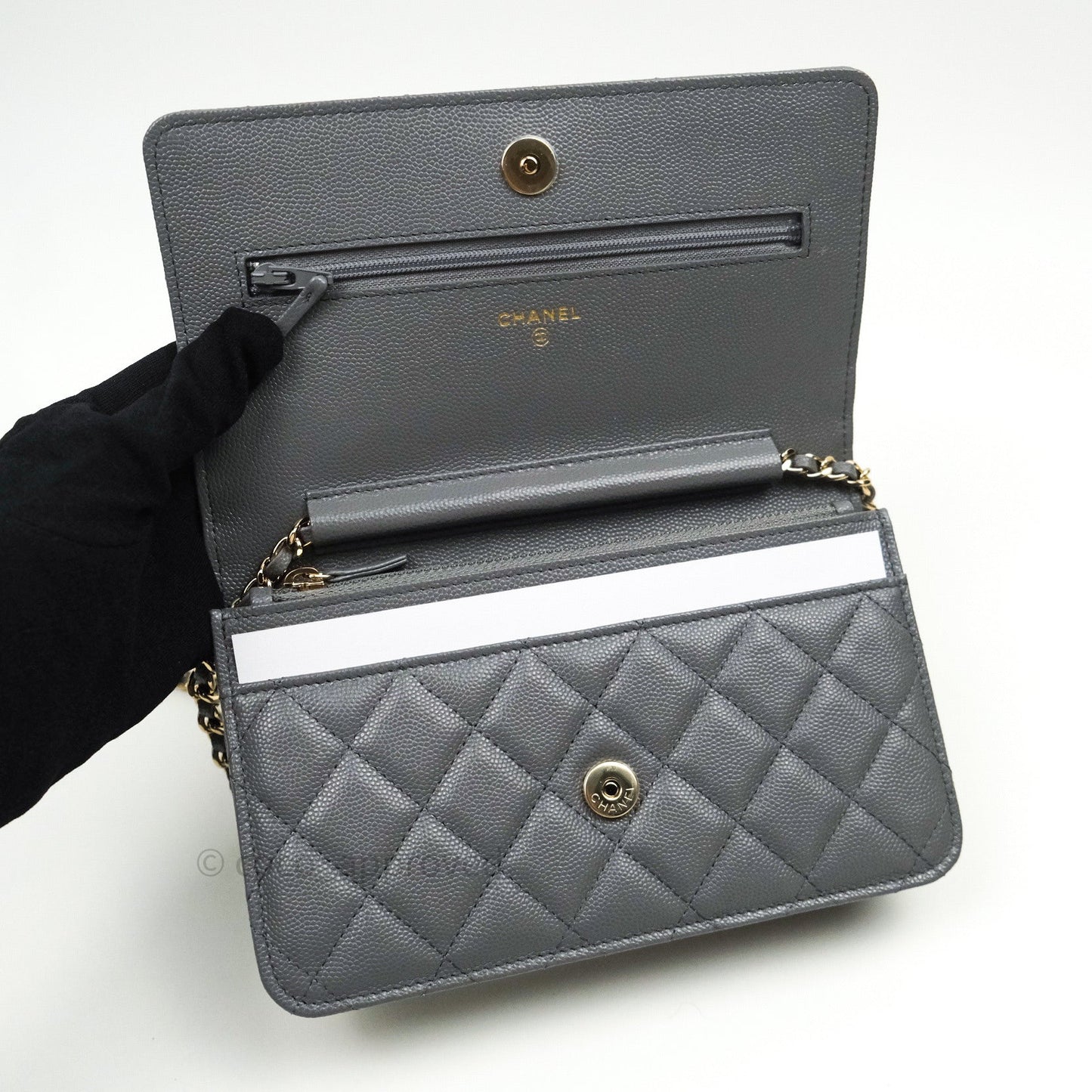 Chanel Quilted Wallet on Chain WOC Grey Caviar Gold Hardware