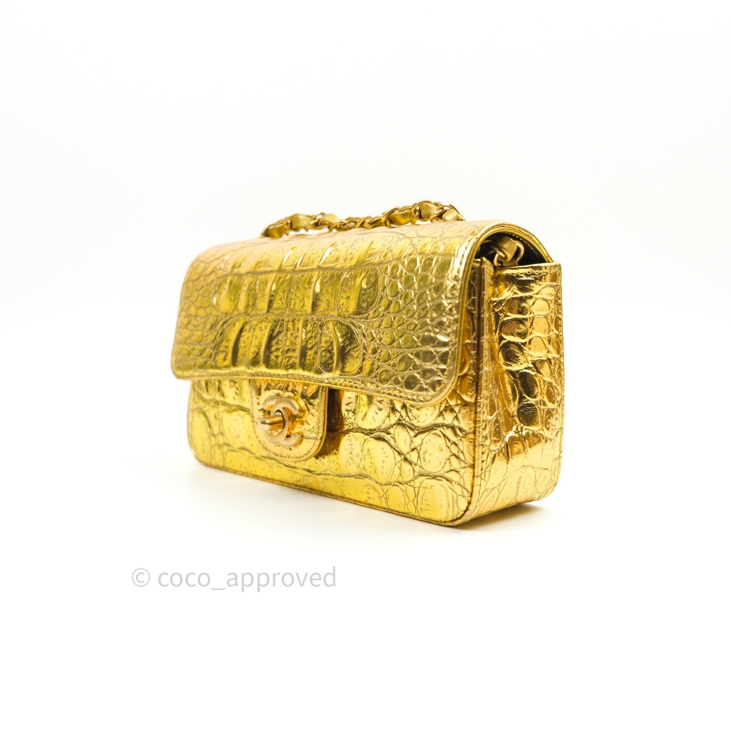 Chanel Gold Metallic Calfskin Crocodile Embossed Rectangular Mini Flap