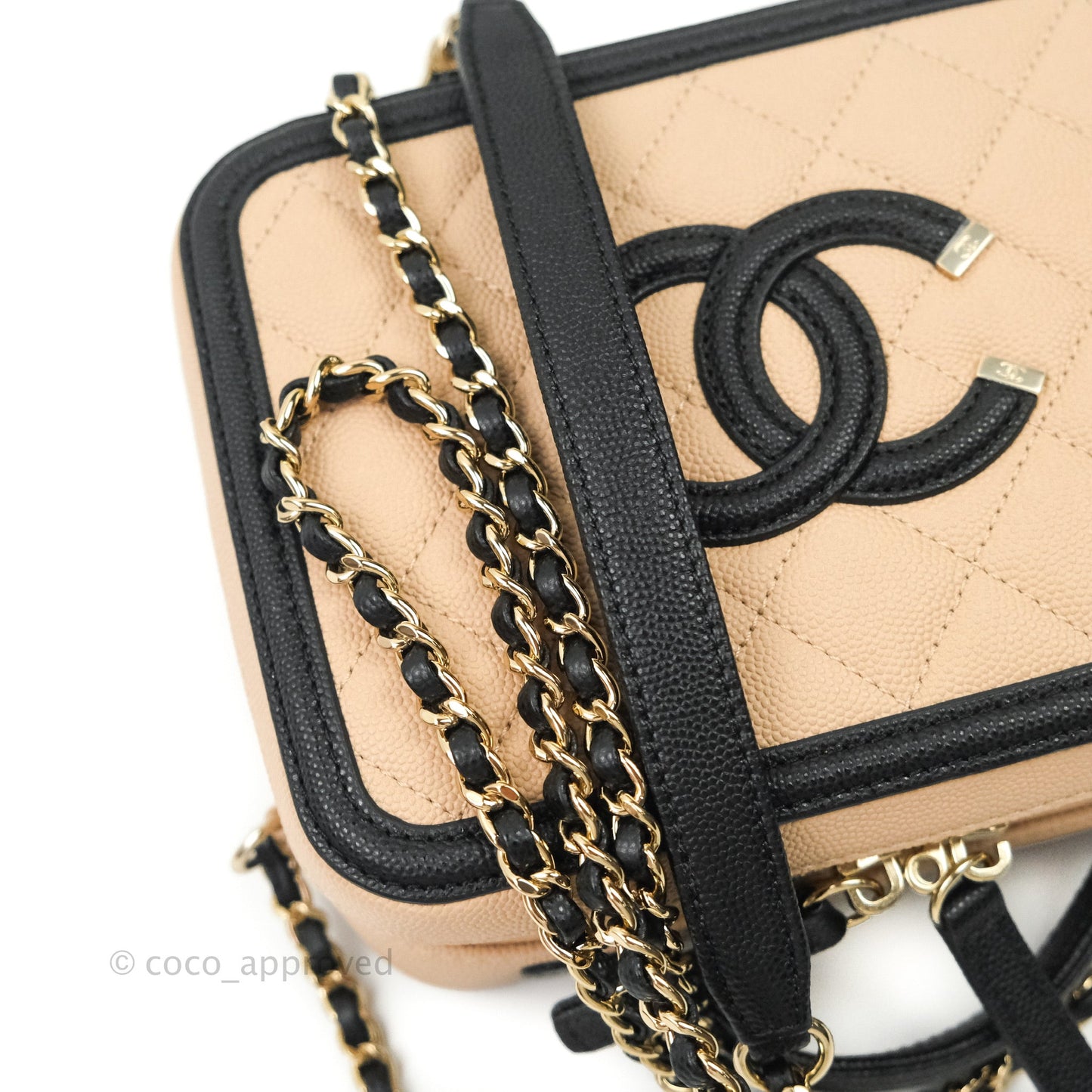 Chanel Quilted New Small CC Filigree Vanity Case Beige Caviar Gold Hardware