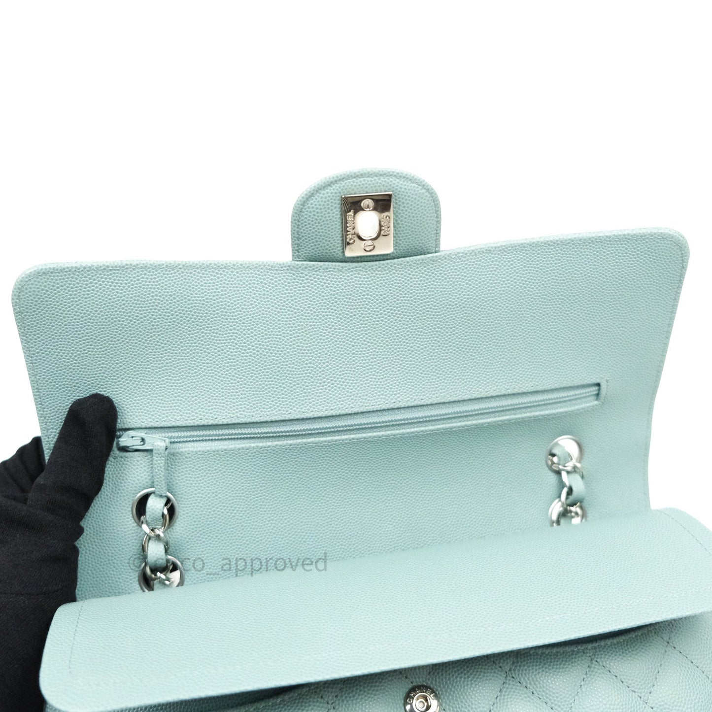 Chanel Classic M/L Medium Double Flap Bag Light Blue Caviar Silver Hardware 18C