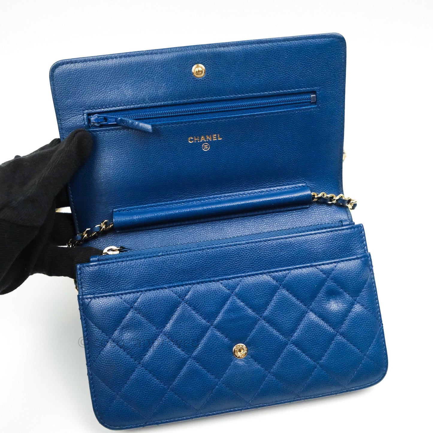 Chanel Quilted Boy Wallet on Chain WOC Blue Caviar Gold Hardware