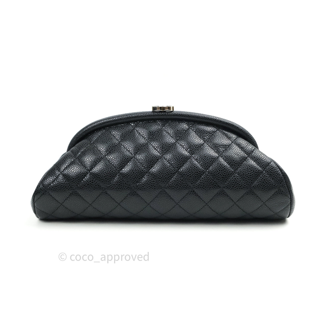 Chanel Quilted Timeless Kisslock Clutch Black Caviar Silver Hardware