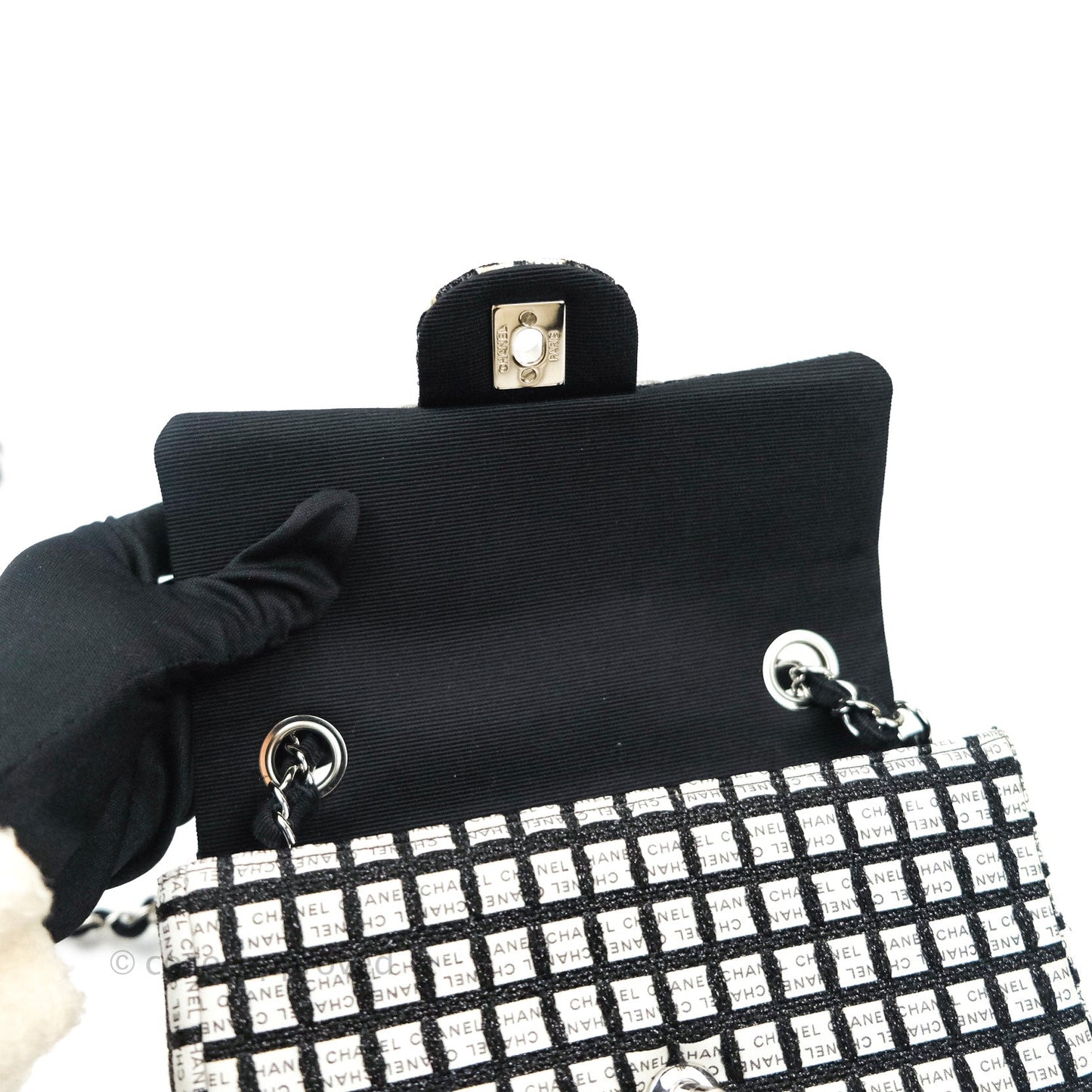 Chanel Quilted Mini Rectangular Black White Logo Silver Hardware