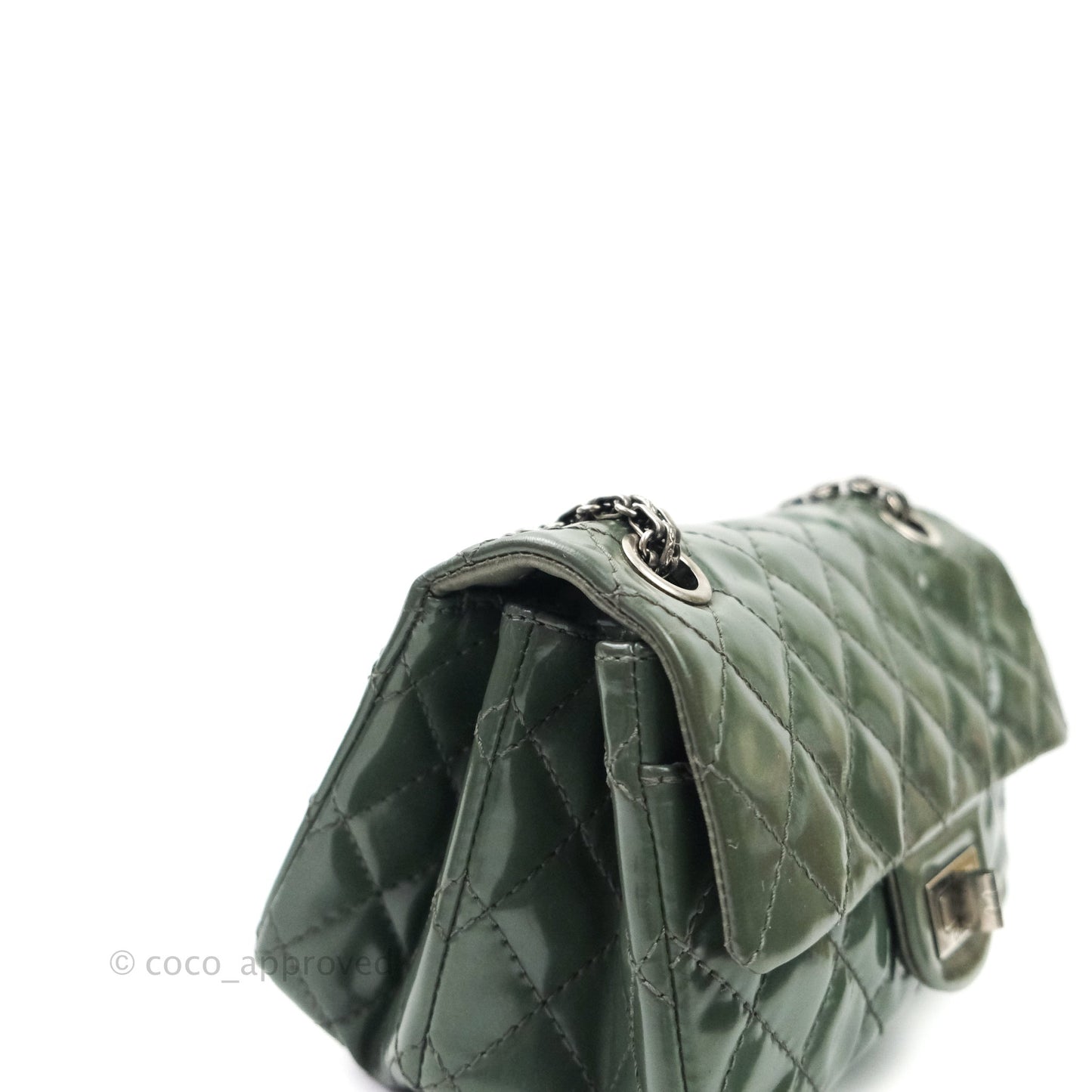 Chanel Mini Reissue 224 Army Green Patent Ruthenium Hardware Double Layer