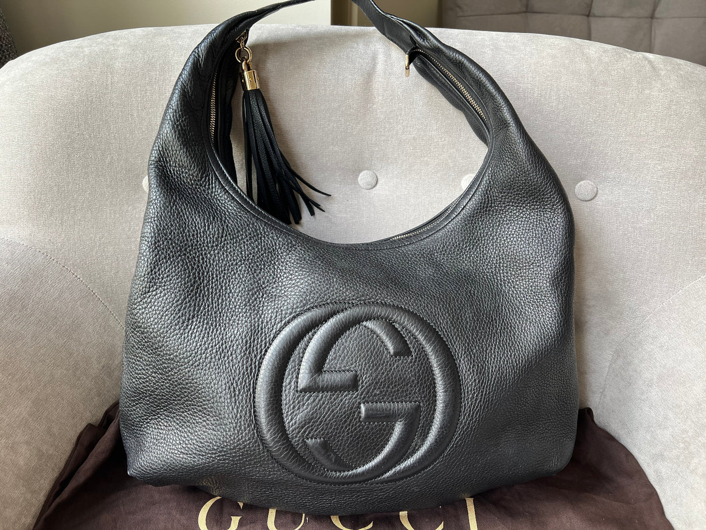 Luxury Gucci Soho Large Hobo in Black Pebbled Calfskin