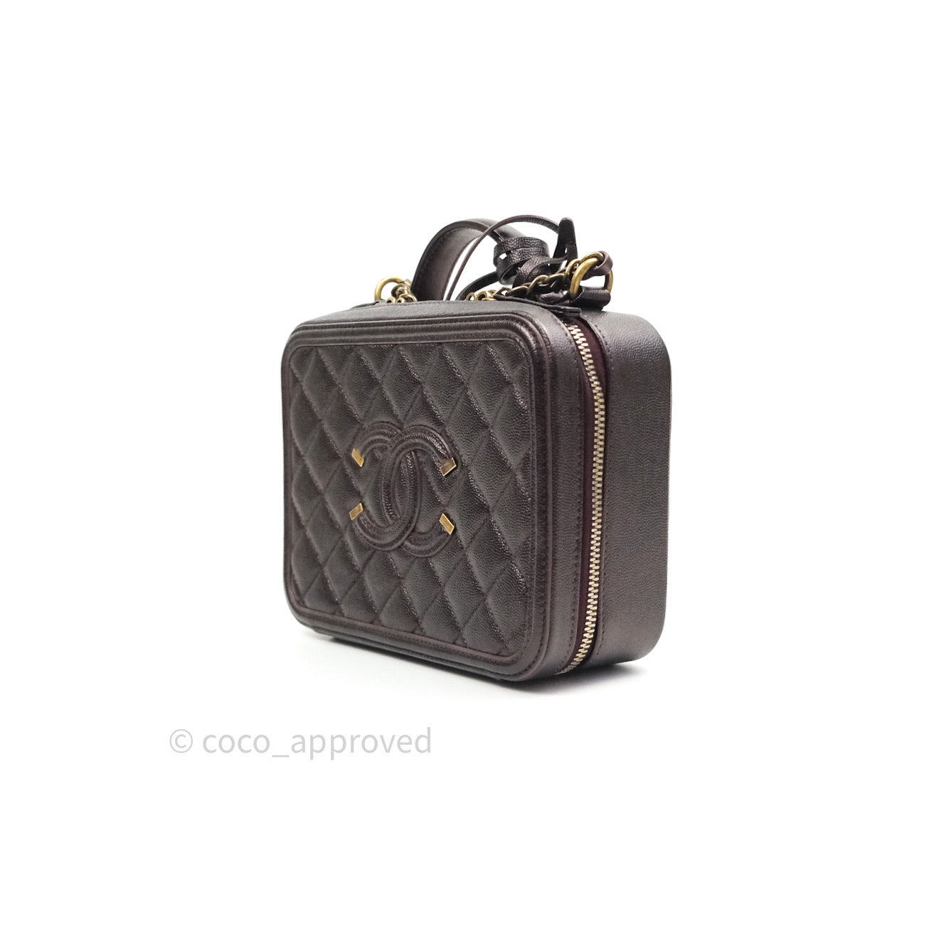 Chanel Quilted Medium CC Filigree Vanity Case Iridescent Burgundy Caviar Gold Hardware