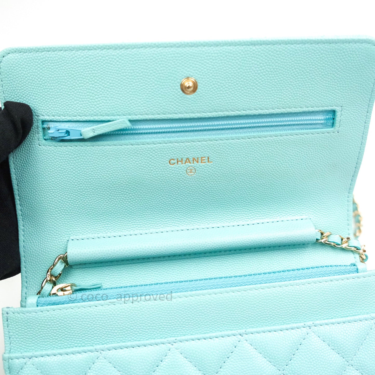 Chanel Quilted Wallet on Chain WOC Tiffany Blue Caviar Light Gold Hardware