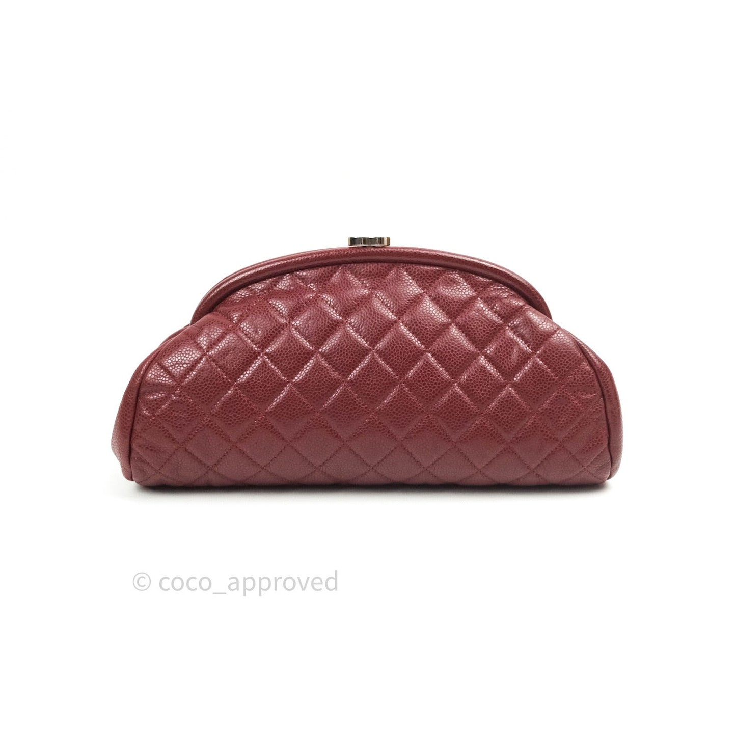 Chanel Quilted Timeless Kisslock Clutch Dark Red Caviar Silver Hardware