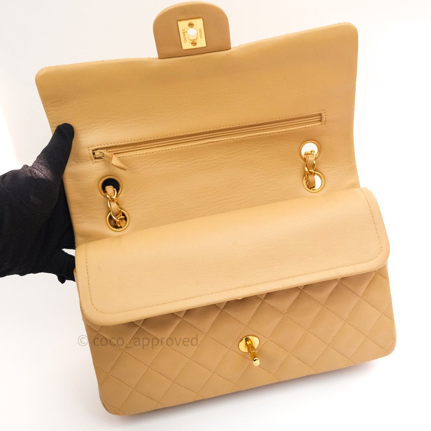 Chanel Vintage M/L Medium Double Flap Bag Beige Lambskin 24K Gold Hardware
