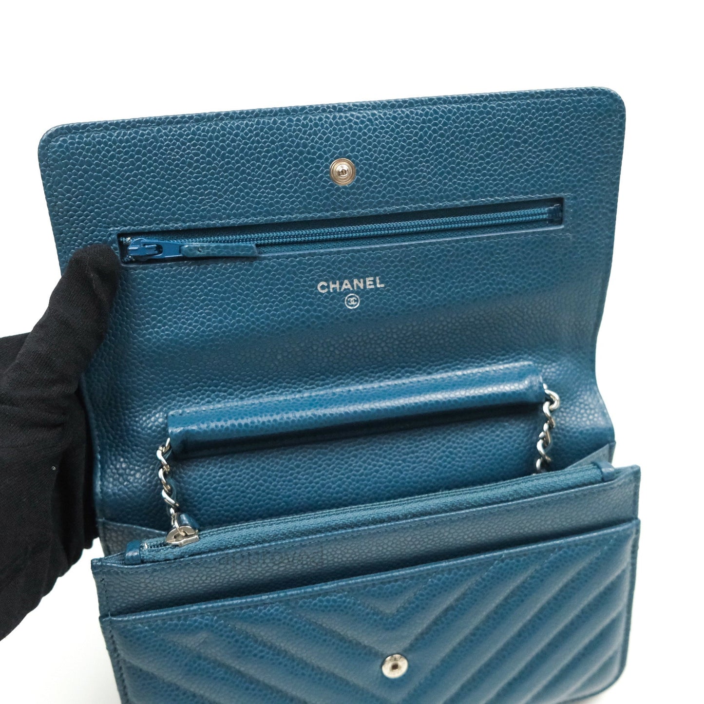 Chanel Chevron Wallet on Chain WOC Blue Caviar Silver Hardware