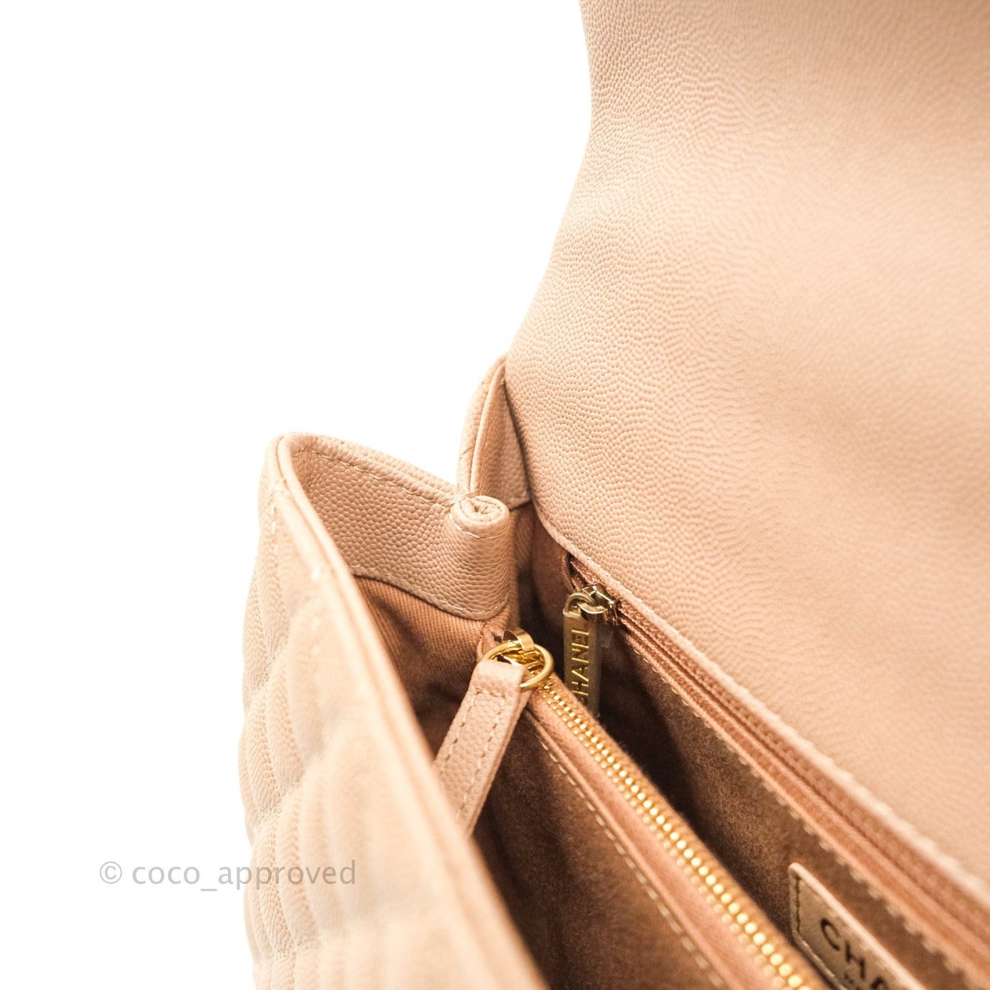 Chanel Small Coco Handle Quilted Beige Caviar Aged Gold Hardware