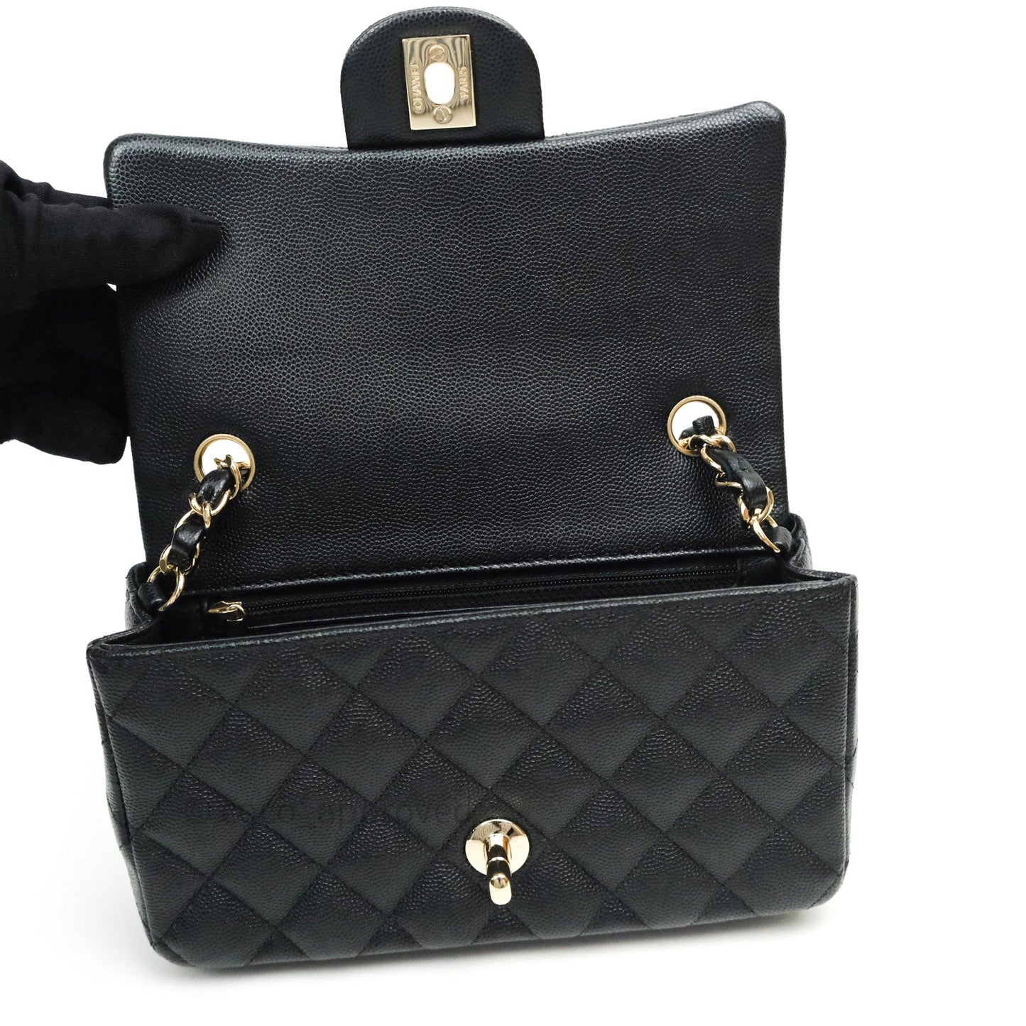 Chanel Quilted Mini Rectangular Black Caviar Gold Hardware 18B