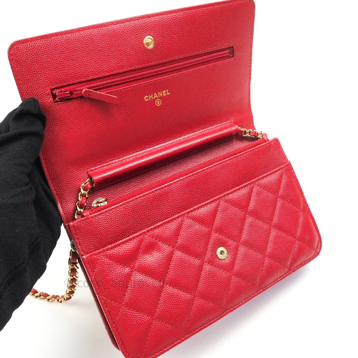 Chanel Quilted Wallet on Chain WOC Red Caviar Gold Hardware 17B