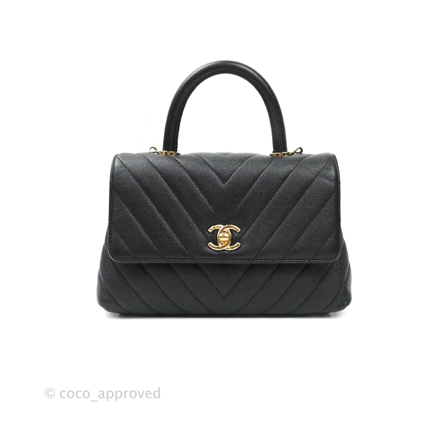 Chanel Mini Coco Handle Chevron Black Caviar Gold Hardware
