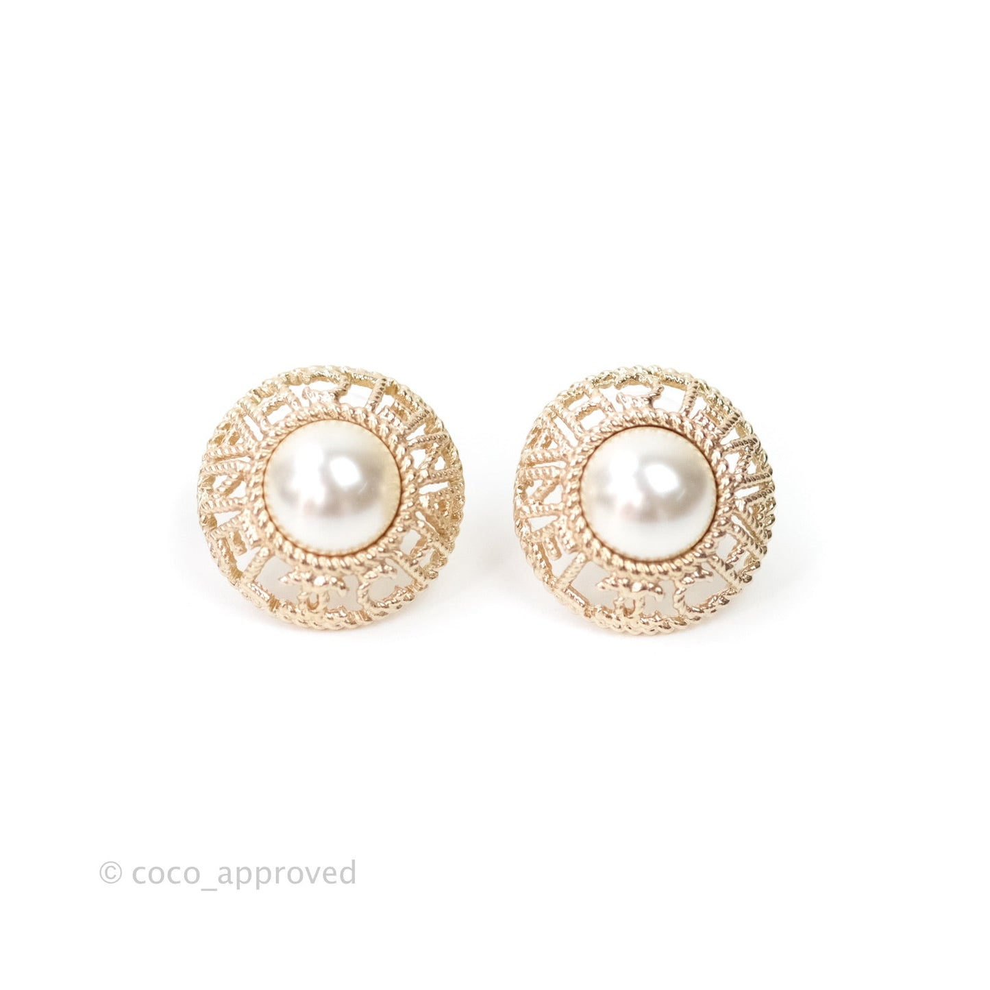 Chanel Pearl CC Round Rope Logo Earrings Gold 21P