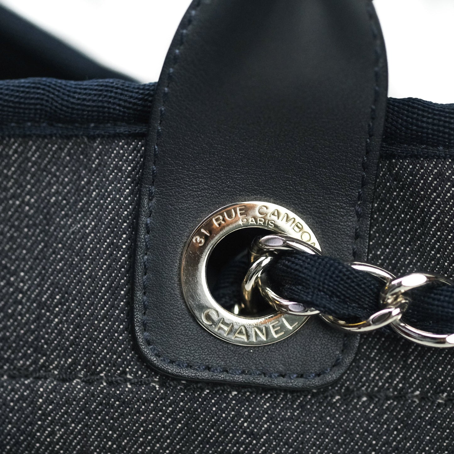 Chanel Large Denim Deauville Tote Bag Navy Silver Tone