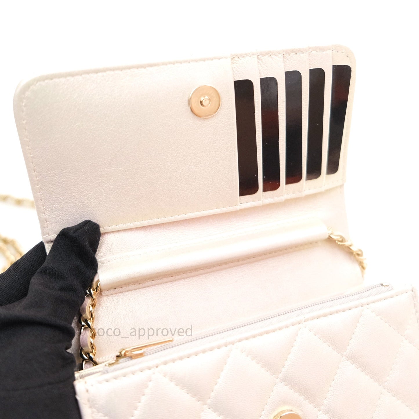 Chanel Quilted Mini Wallet on Chain WOC Iridescent Ivory Gold Hardware 20A