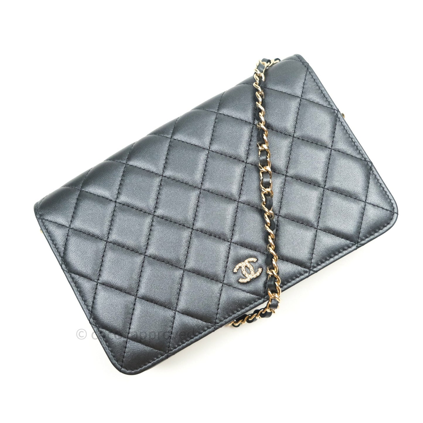 Chanel Quilted Black Iridescent Lambskin Pearl Wallet On Chain WOC