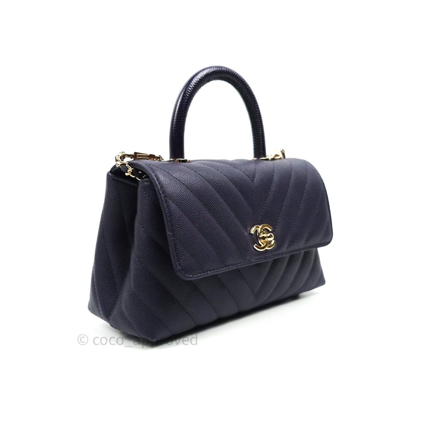 Chanel Mini Coco Handle Chevron Purple Caviar Quilted Gold Hardware