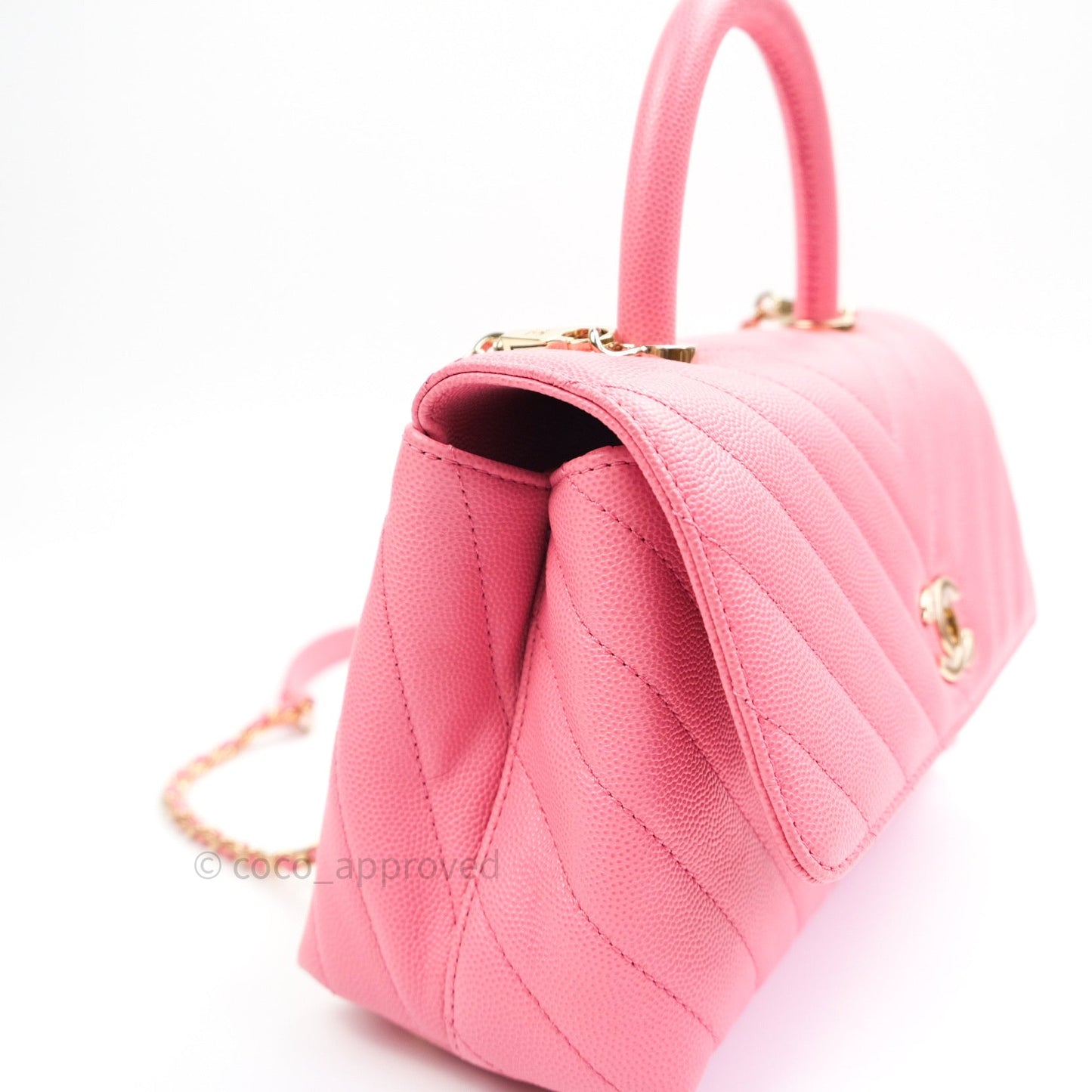 Chanel Mini Coco Handle Chevron Pink Caviar Quilted Gold Hardware