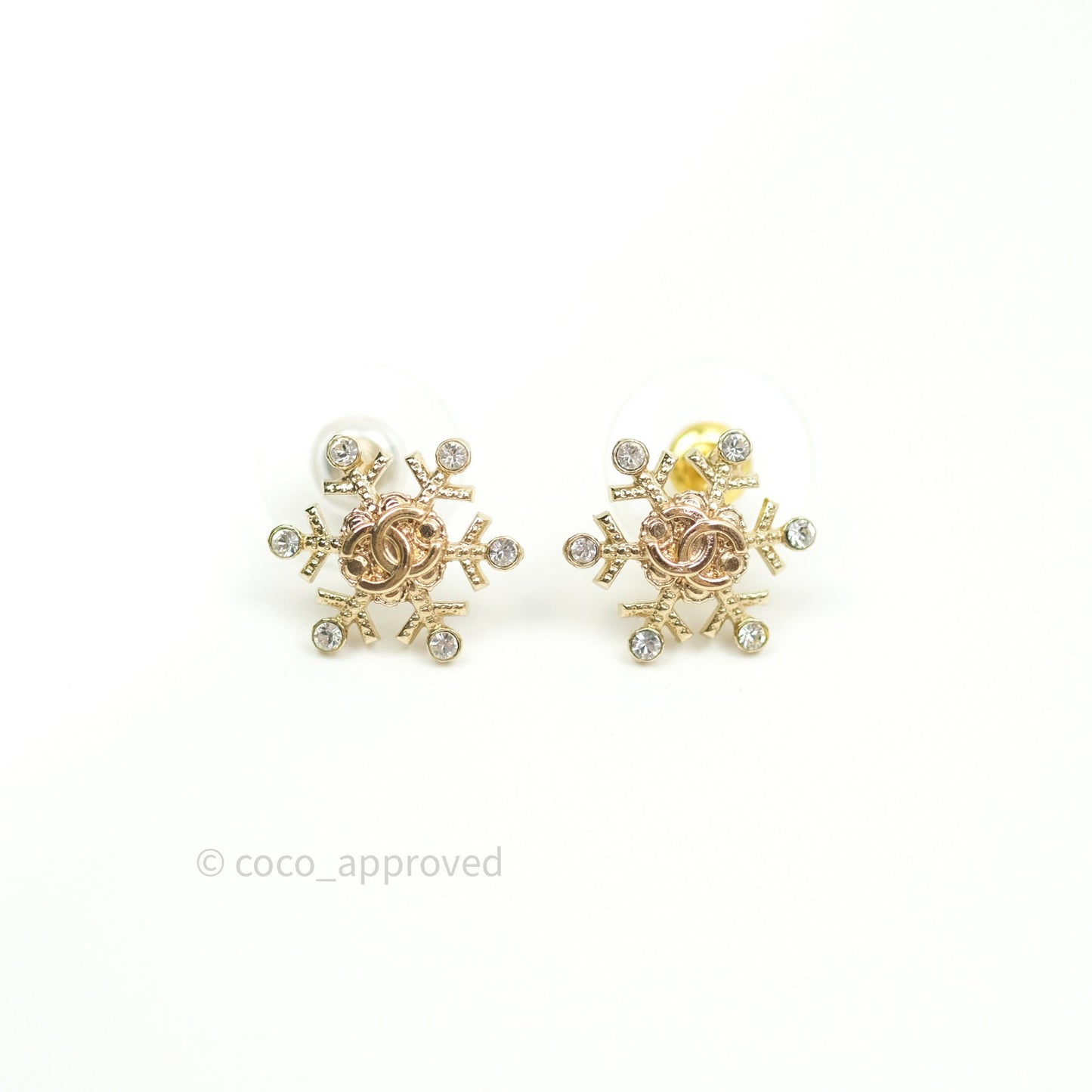 Chanel Crystal Snowflake CC Earrings Gold Tone