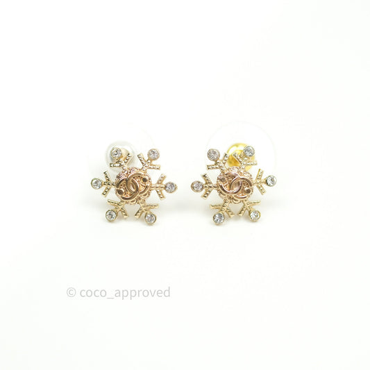 Chanel Crystal Snowflake CC Earrings Gold Tone