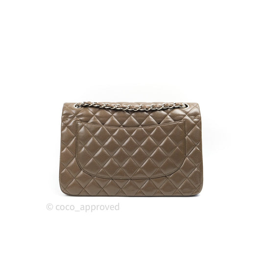 Chanel Classic Double Flap Quilted Jumbo Double Flap Khaki Caviar Silver Hardware
