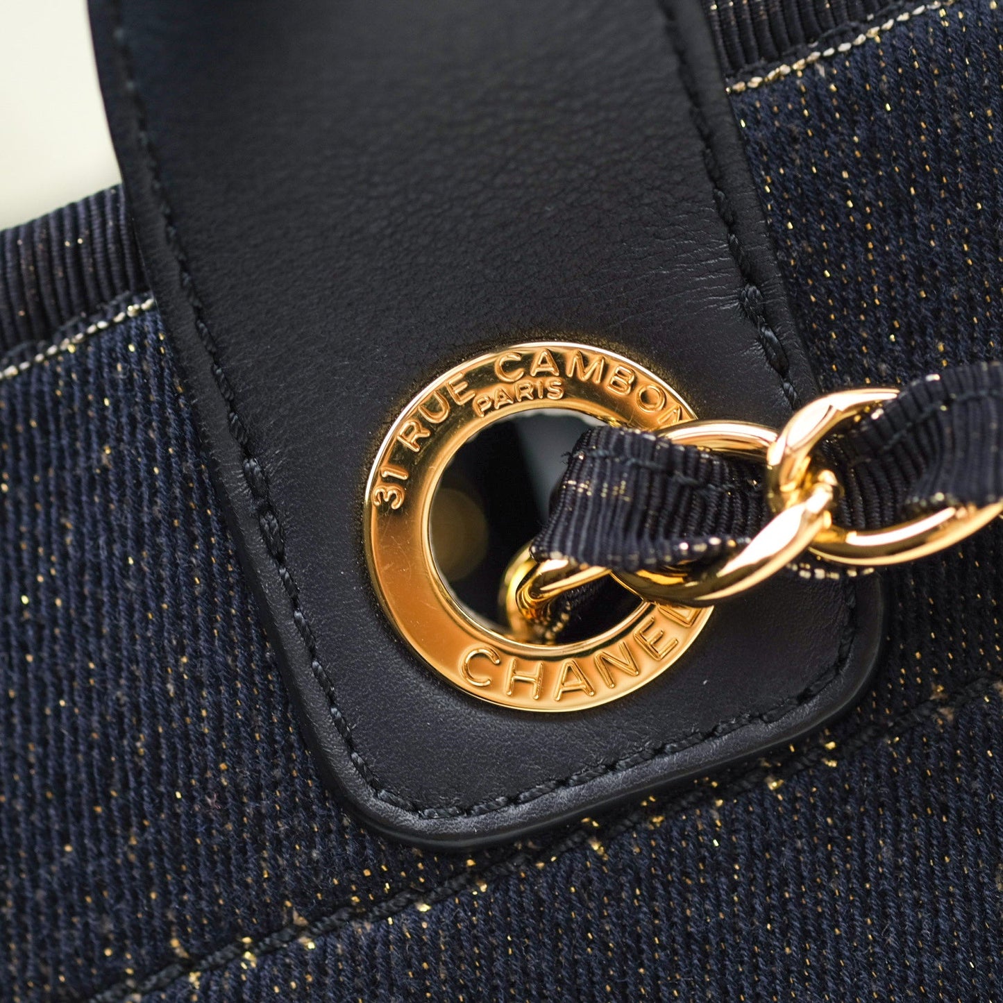 Chanel Canvas Large Deauville Tote Navy Glittery Gold Logo 19B