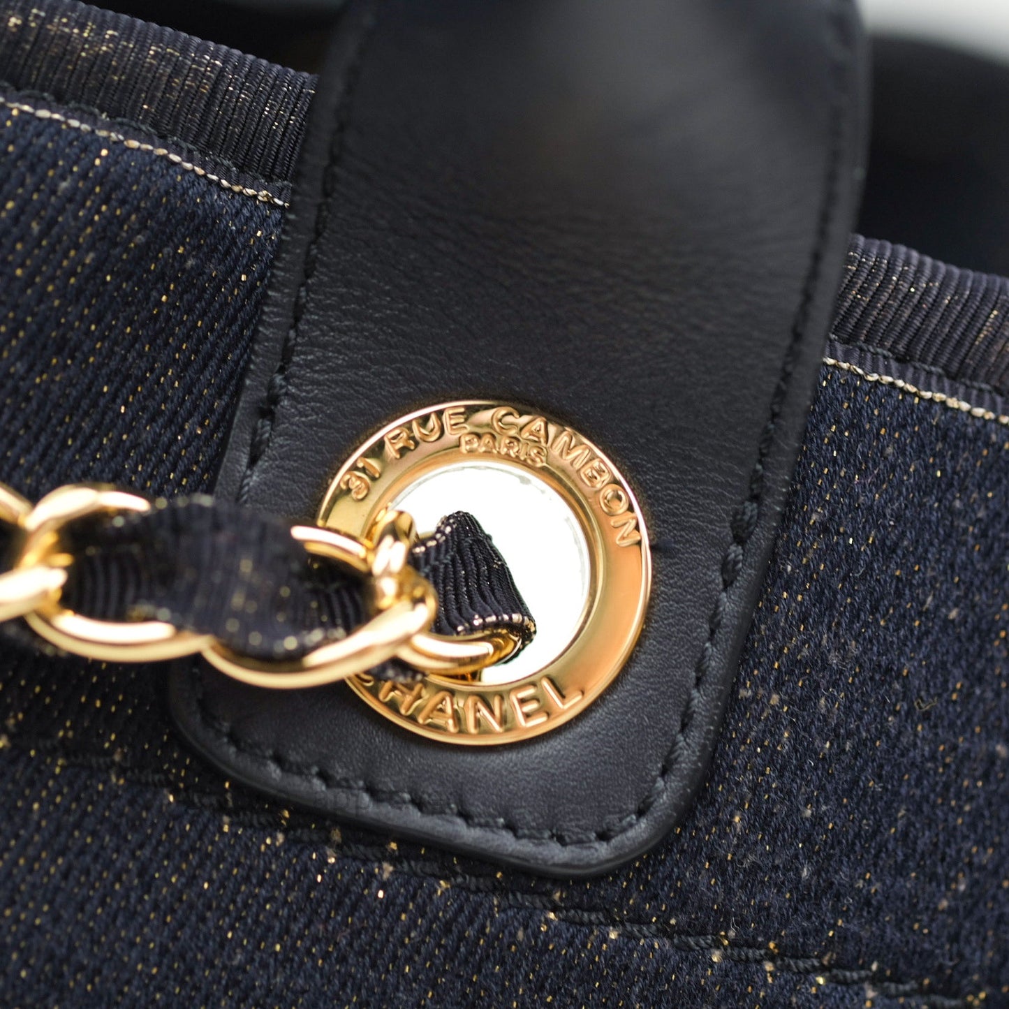 Chanel Canvas Large Deauville Tote Navy Glittery Gold Logo 19B