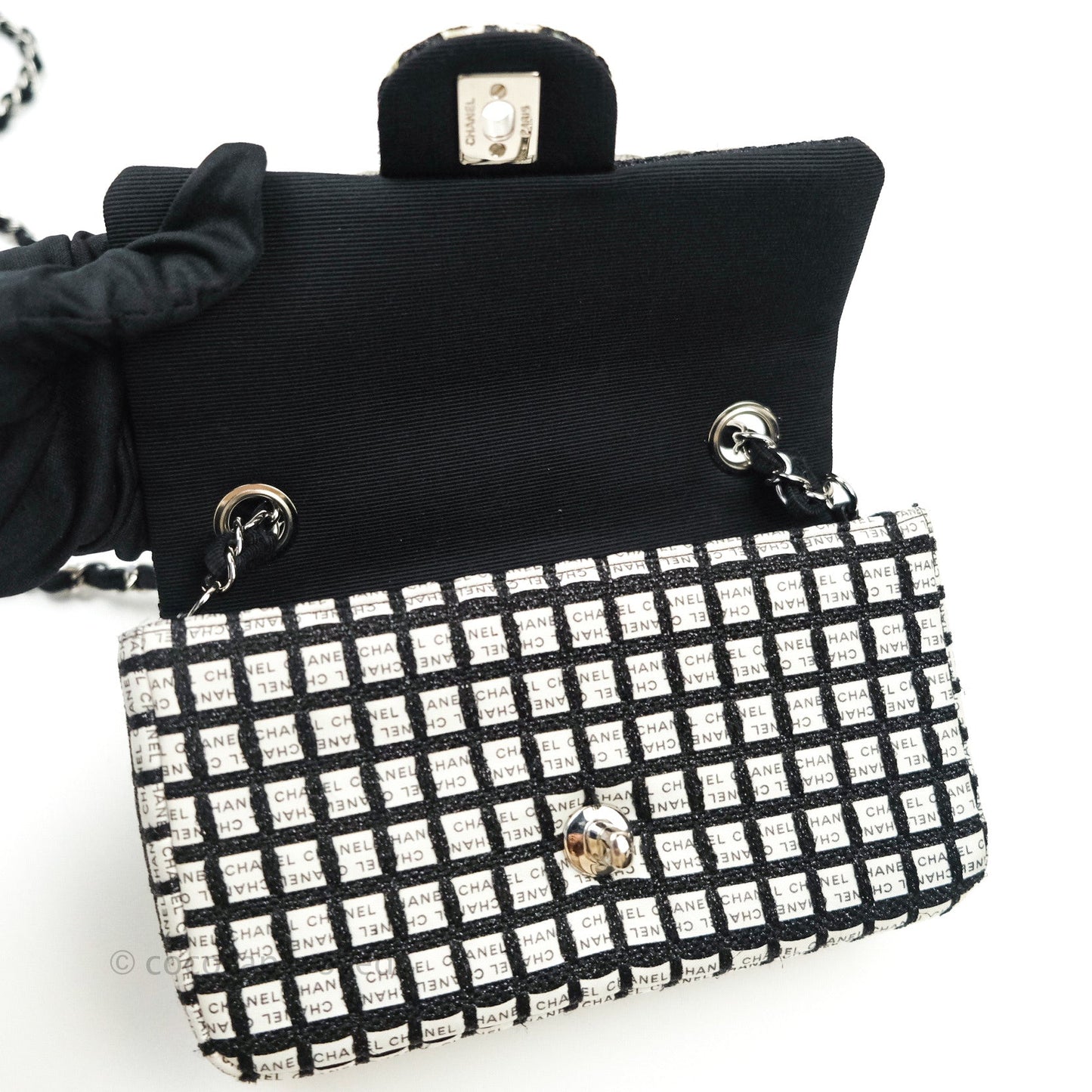 Chanel Quilted Mini Rectangular Black White Logo Silver Hardware