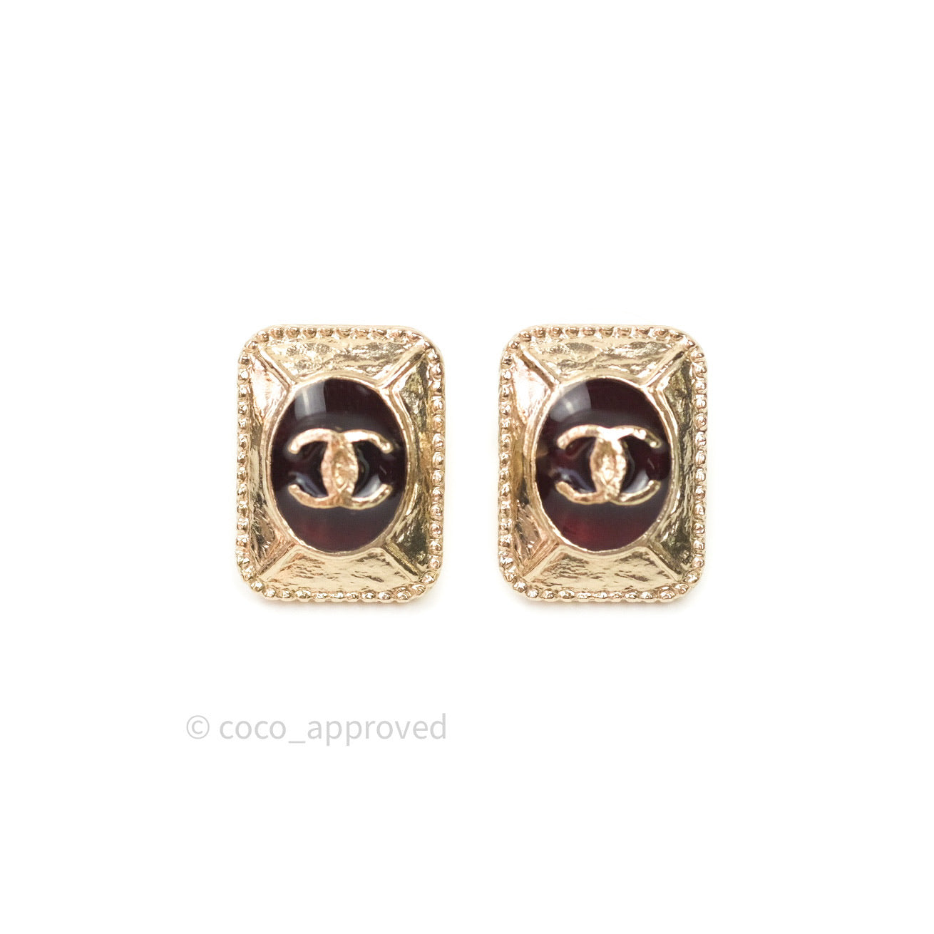Chanel Enamel Square CC Earrings Gold Dark Red