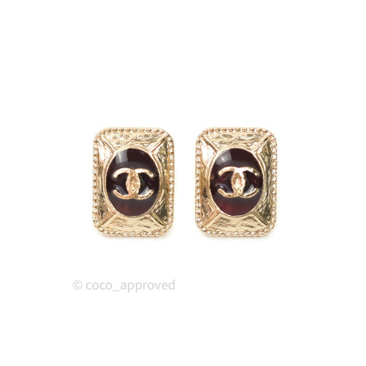 Chanel Enamel Square CC Earrings Gold Dark Red