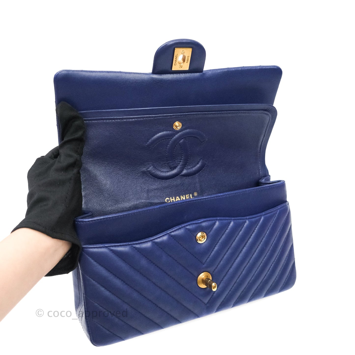 Chanel Classic Chevron M/L Medium Flap Blue Lambskin Gold Hardware