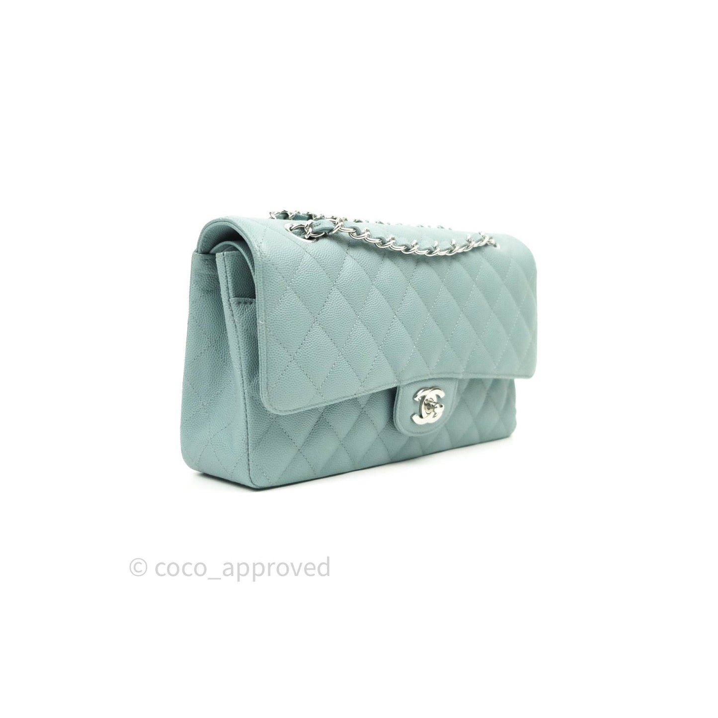 Chanel Classic M/L Medium Double Flap Bag Light Blue Caviar Silver Hardware 18C