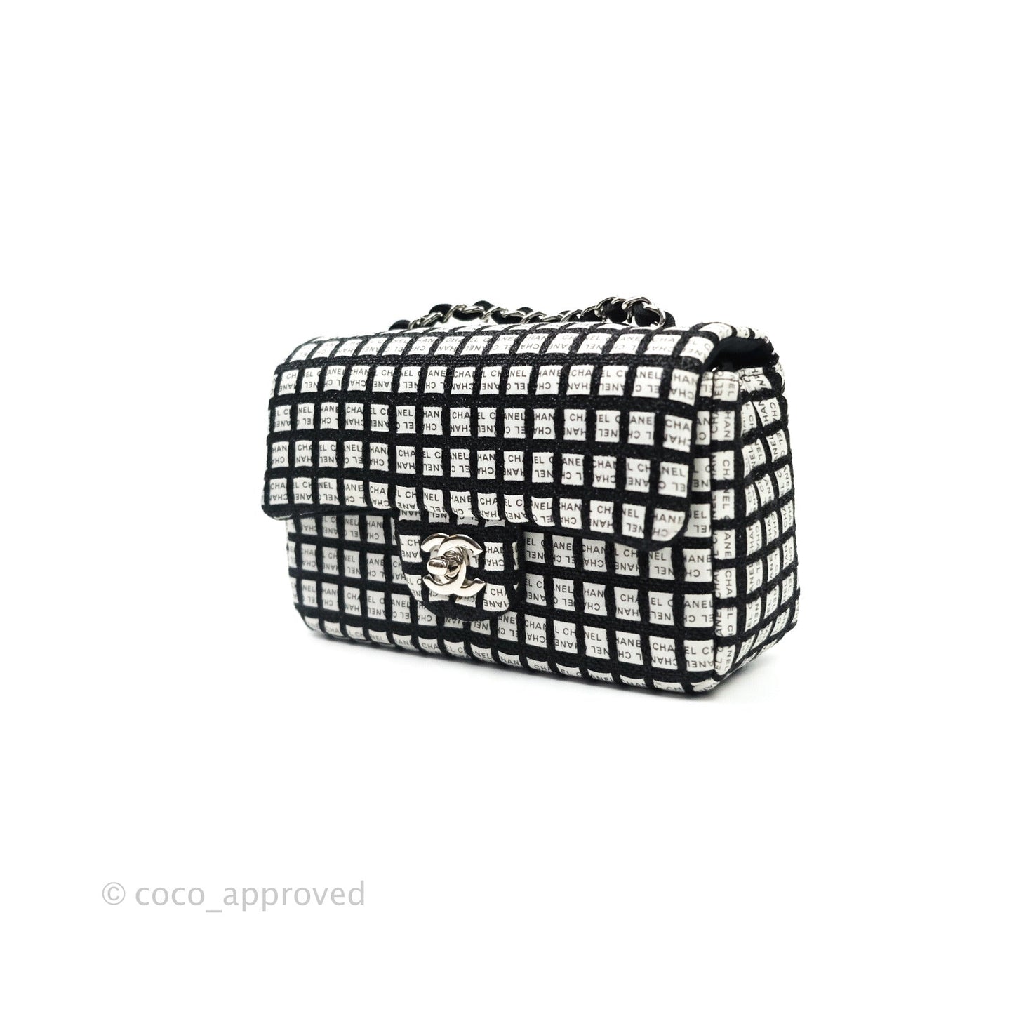 Chanel Quilted Mini Rectangular Black White Logo Silver Hardware