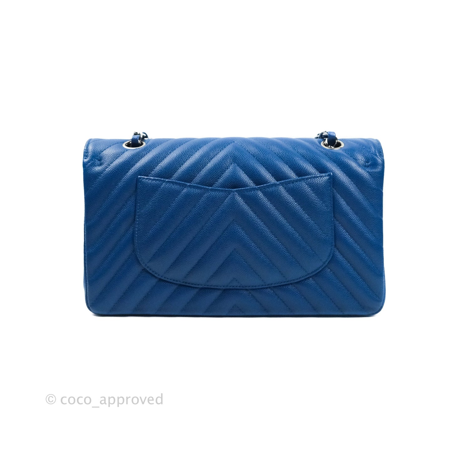 Chanel Classic Chevron M/L Medium Double Flap Blue Caviar Silver Hardware
