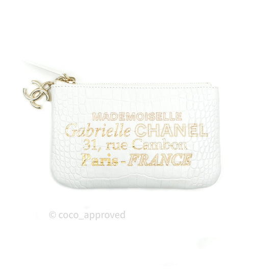 Chanel Calfskin Crocodile Embossed Mini O Case White Gold