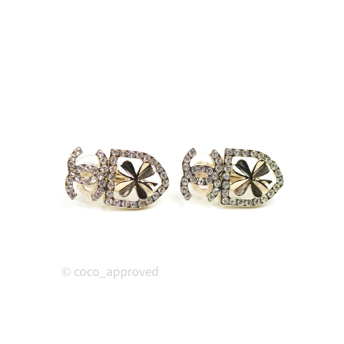 Chanel Crystal CC Clover Earrings Gold Clip On 20B