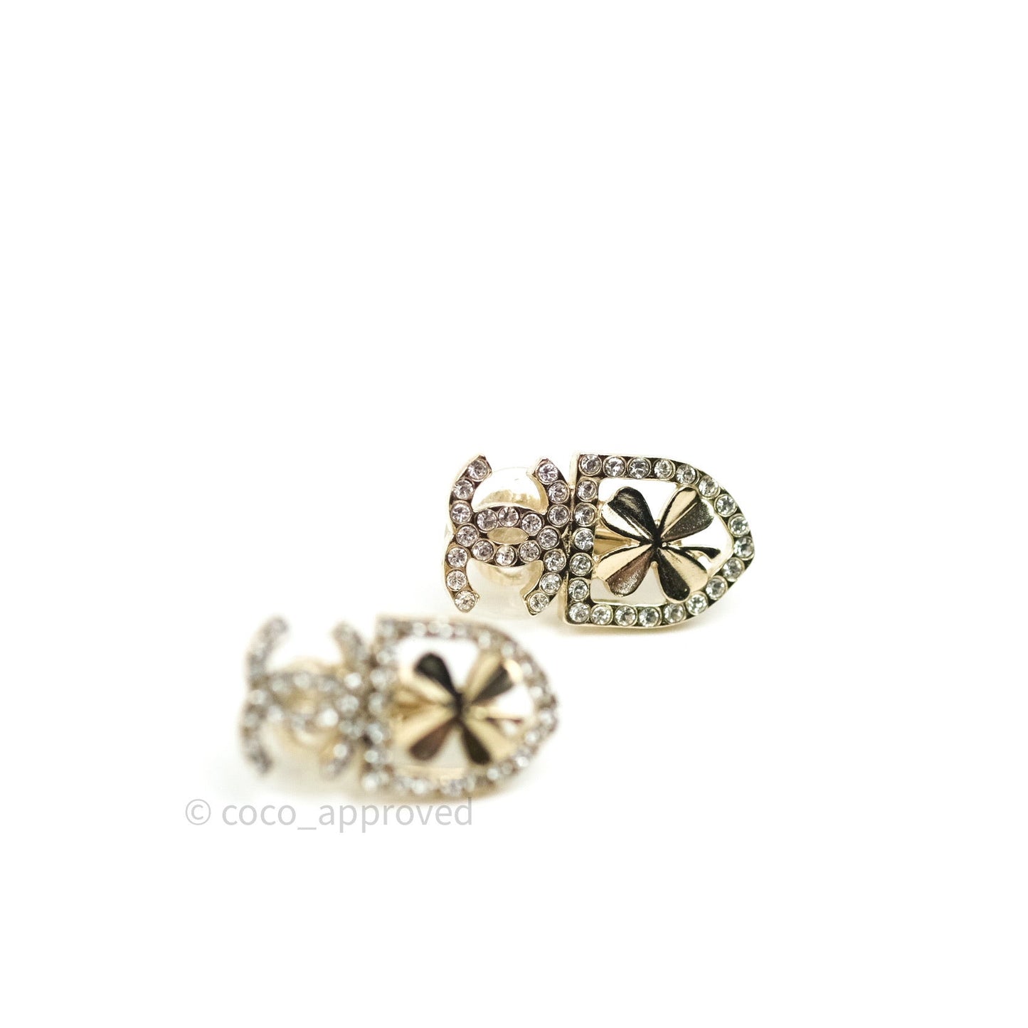 Chanel Crystal CC Clover Earrings Gold Clip On 20B
