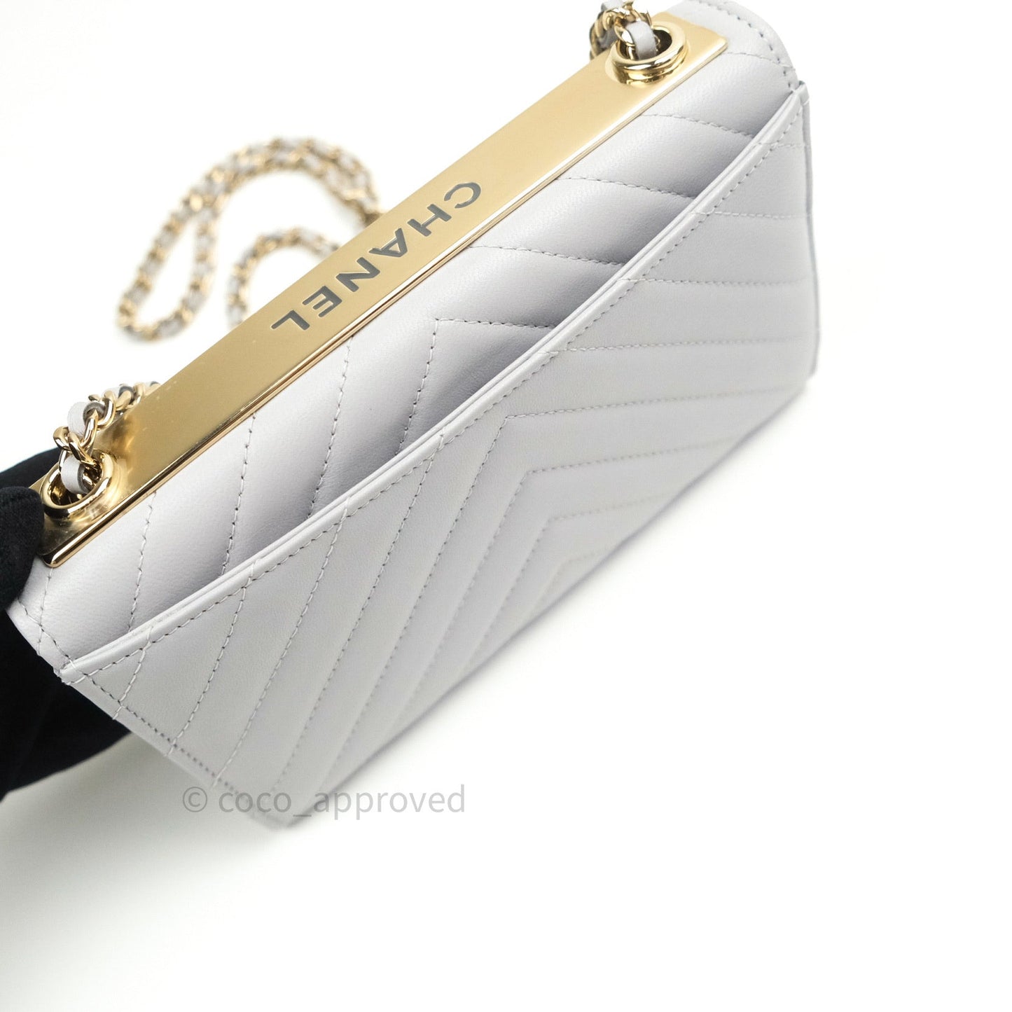Chanel Mini Trendy CC Wallet On Chain WOC Lambskin Chevron Grey Gold Hardware