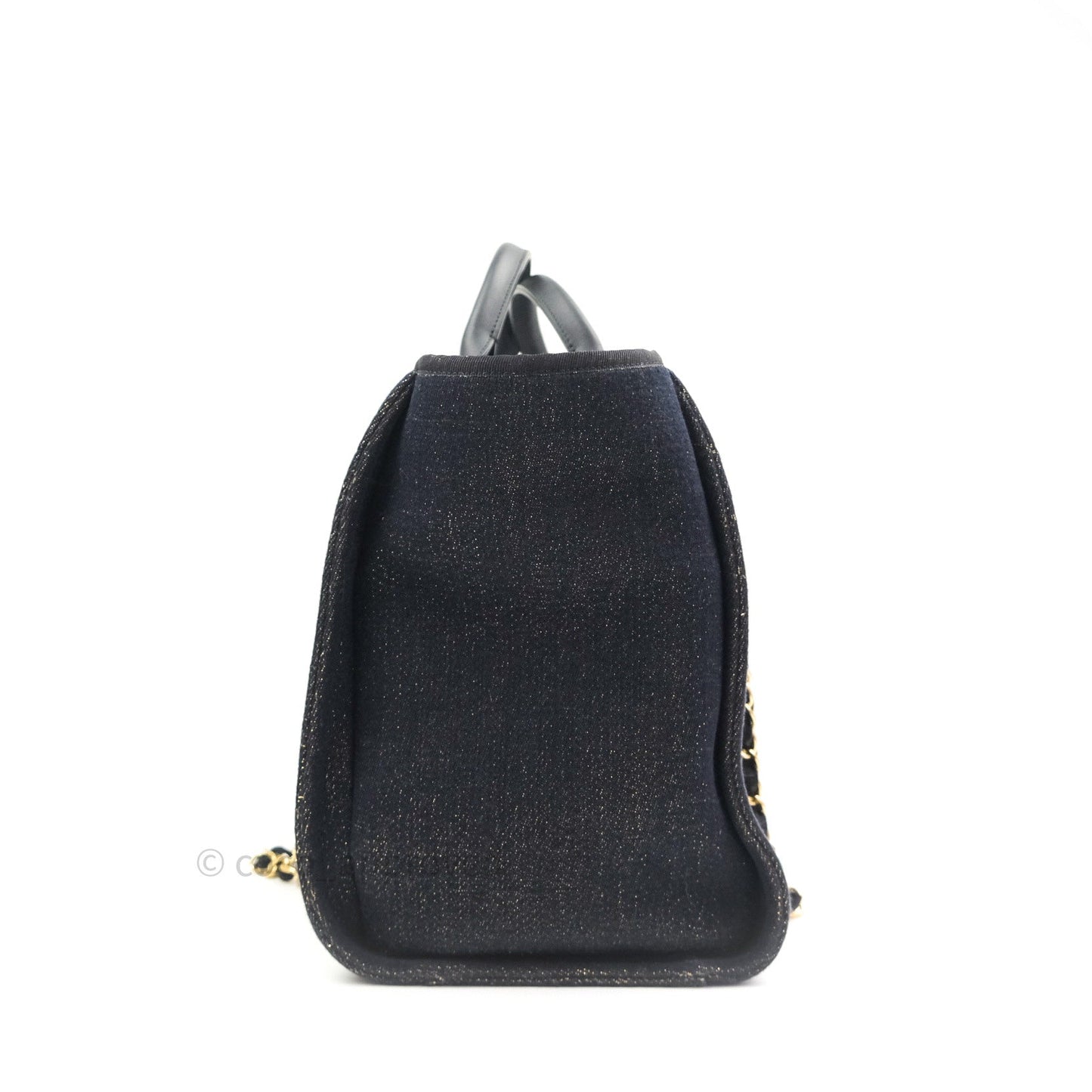 Chanel Canvas Large Deauville Tote Navy Glittery Gold Logo 19B