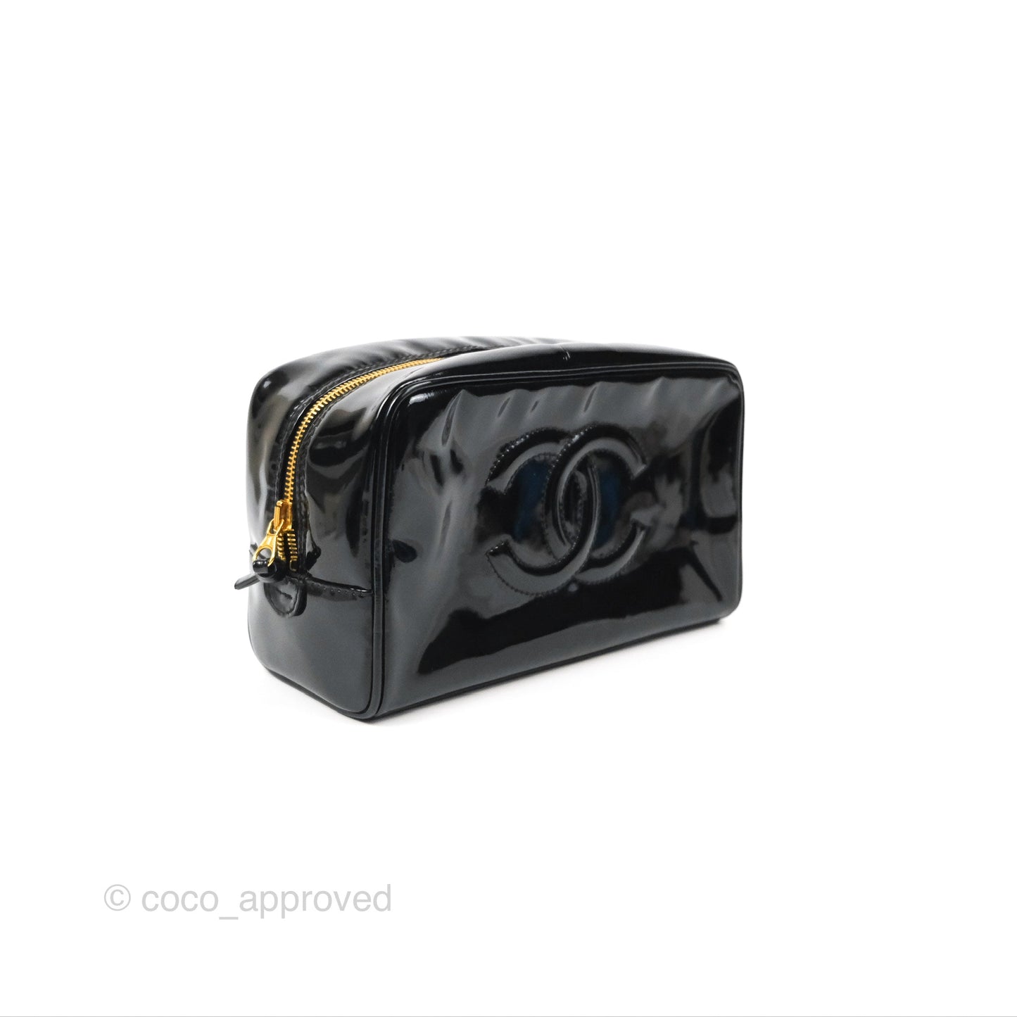 Chanel Vintage Coco Black Leather Patent Make Up Pouch
