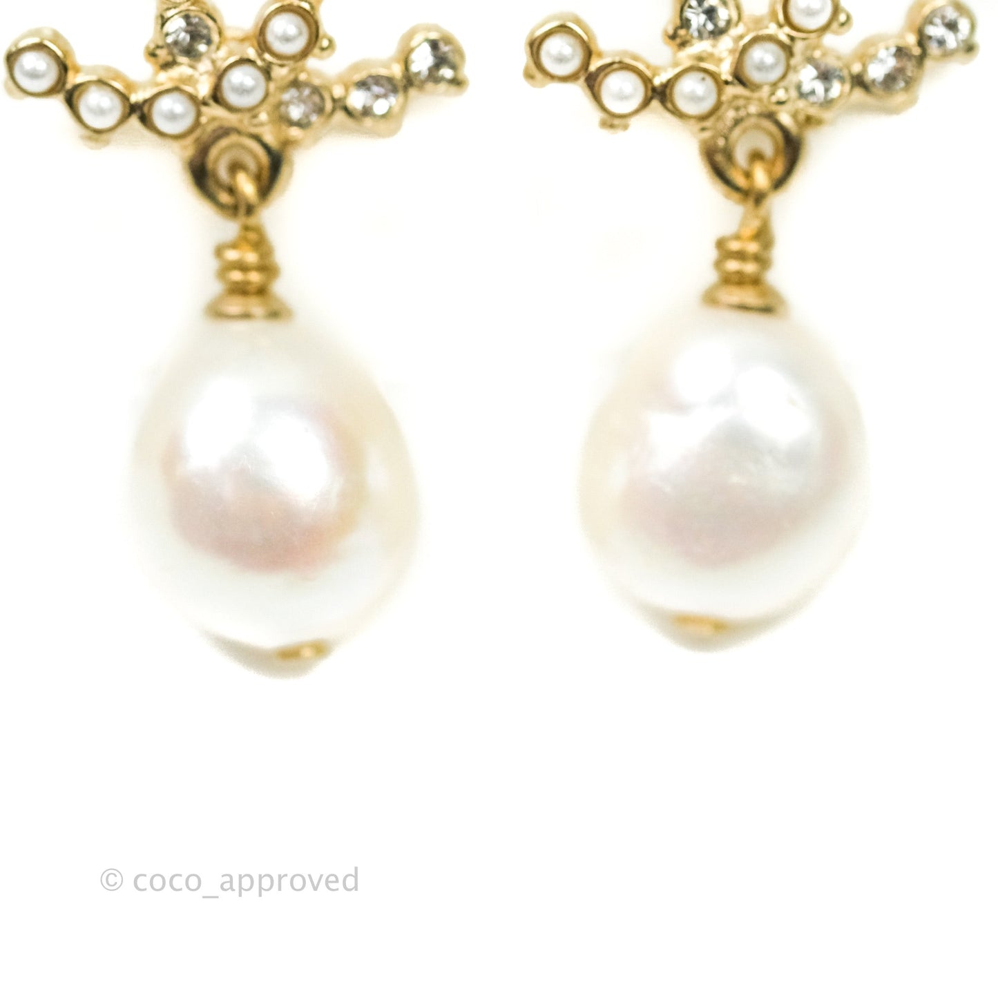 Chanel CC Pearl Drop Earrings Crystal Gold Tone 20B